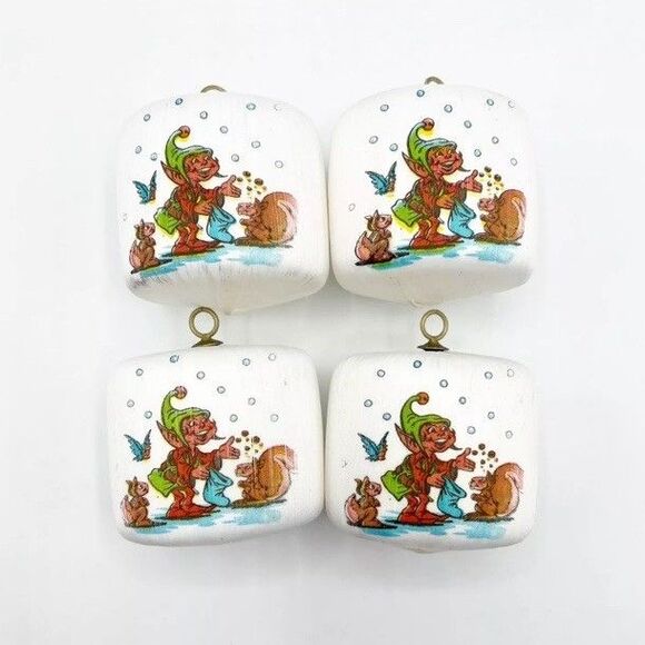 Pyramid Satin Sheen Christmas Ornaments Elf Print White Set of 4 2" Vintage - Picture 11 of 11